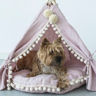 MINICAMP Dog and Cat Teepee in Pink Linen with Soft Pillow – Sizes S, M, L