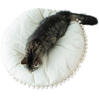 MINICAMP Cat Cushion, Boho Dog Bed with Pompoms in Ecru – Sizes 26" & 32"