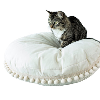 MINICAMP Cat Cushion, Boho Dog Bed with Pompoms in Ecru – Sizes 26" & 32"