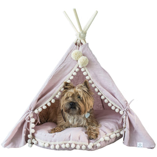 MINICAMP Dog and Cat Teepee in Pink Linen with Soft Pillow 