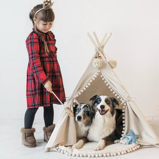 MINICAMP Large Dog Teepee Tent in Ecru with Pompoms –