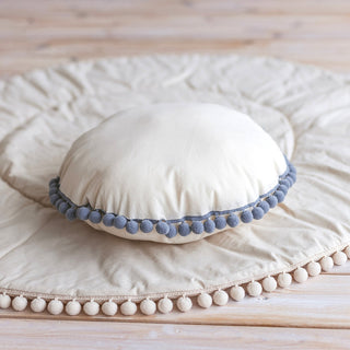 Round Cushion with Grey Pompom Trim – Boho Pillow for Kids’ Rooms & Living Spaces