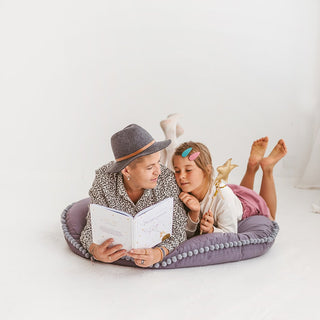 Kids Floor Pillow with Pom Poms in Grey