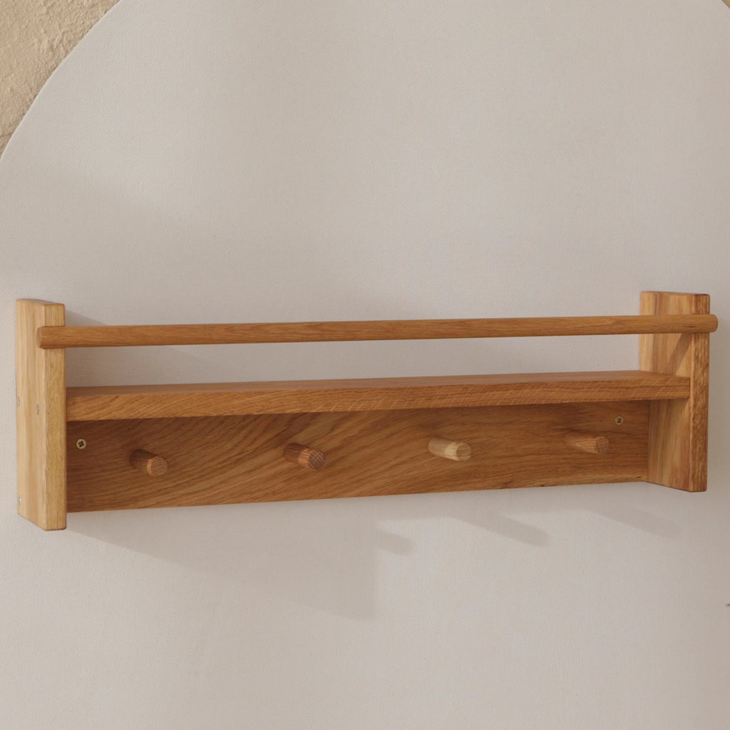 MINICAMP Floating Kids Bookshelf with Coat Hooks Made of Solid Oak